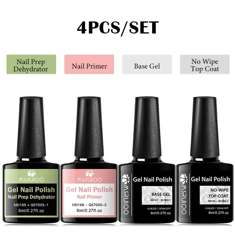 MSRUIOO 4pcs Function Base and Top Coat Gel Nail Polish Set, Nail Prep Dehydrator & Nail Primer & Base & Top Coat Set, Base Coat Nails, Nail Care, Air Drying Formula, Strong Adhesion, Soak Off UV Varnish for Stronger