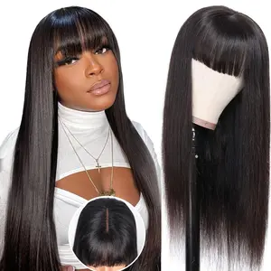 Glueless Human Hair Wigs with Bangs for Black Women 180% Density Straight 2x4 Lace Front Wig 100% Brazilian Virgin Middle Part Natural Color