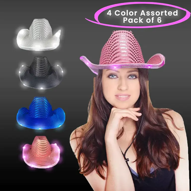 LED Light Up Flashing Sequin Cowboy Hats - 4 Colors Assorted Pack of 6 Hats
