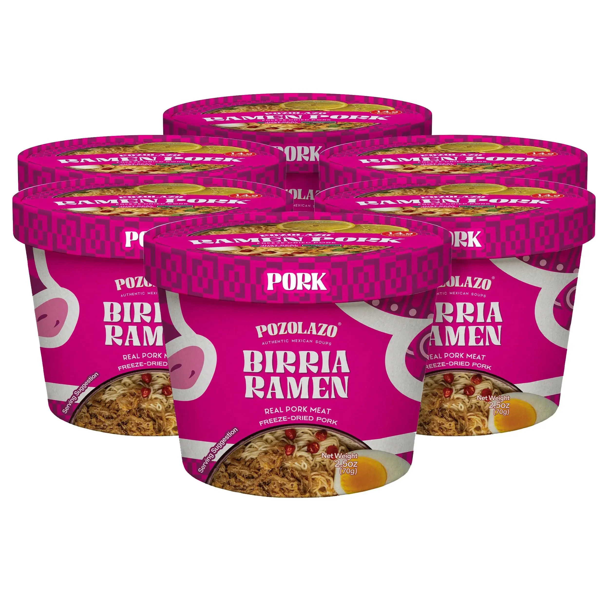 POZOLAZO Instant Birria Ramen Bowl with Freeze-Dried Pork, 6-Pack
