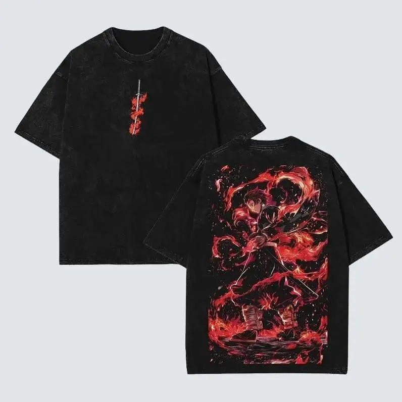 Men's Retro Limited Demon Slayer Infinity Castle Arc Tanjiro Oversized Streetwear T-Shirt - Heavyweight Acid Washed Cotton, Bold Anime Design, Festive Short-Sleeve Top, Shortsleeve, Casual, Distressed, Menswear, Tshirt