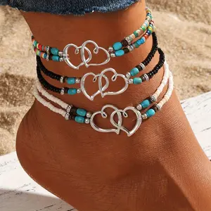 3Pcs Set Fashion Women Bohemia Beaded Heart Charms Multi-layer Anklet, Exquisite Boho Chic Double-Layer Beaded Heart Anklet, Perfect for Summer Vacation, Beach Wedding, Party Jewelry Gift