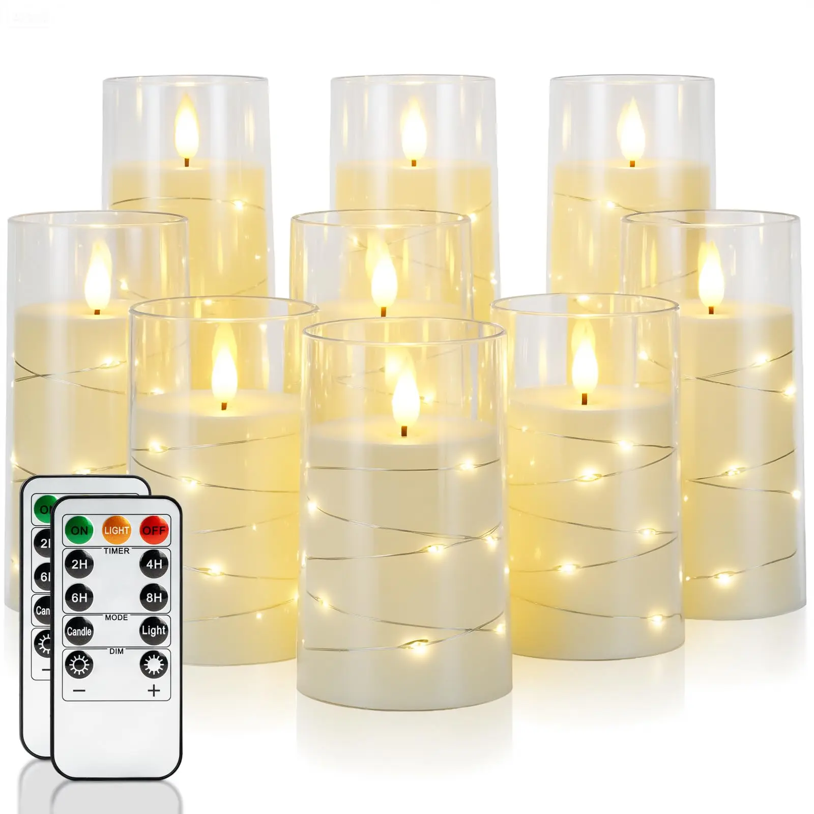 9 Pcs Flameless Candles with Embedded Star String Fairy Lights, Battery Operated Candles, LED Candle, Fake Candles with Remote Control and Timer