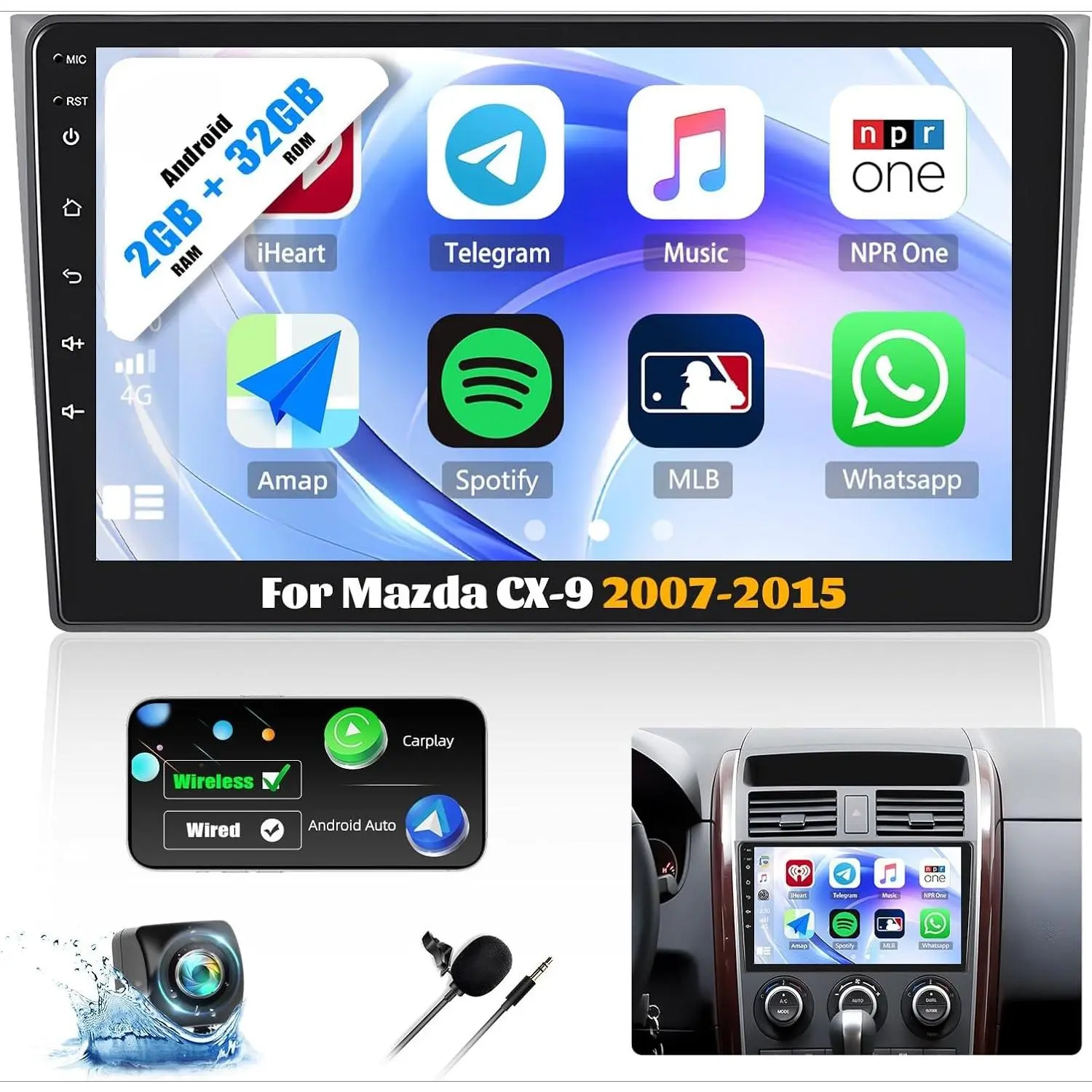RIMOODY 10.1-in Touchscreen Android 15 Aftermarket Infotainment Dashboard Car Stereo [2+64G] for Mazda CX-9 2007-2015, with Wireless CarPlay, Android Auto, Mirror Link, Bluetooth, FM/RDS, WiFi, GPS Navigation, AHD Backup Camera, Aftermarket Car Stereo Dig