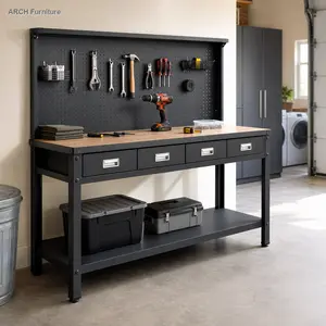 Heavy Duty 63" Steel Workbench with Steel Frame, MDF Top, Drawer, Peg Board, Garage Tool Storage, Tools for Mechanics Workstation Organizer Table