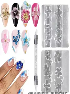 Silicone Nail Art Molds, 2pcs 3D Flower & Cherry Blossom Charms, Carving Pen Included, Clear Modeling Templates for Resin Epoxy