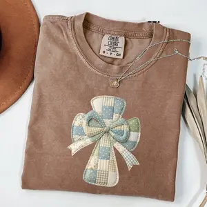[Sale Up To 50%] Comfort Colors Patchwork Easter Cross Shirt, Floral Gingham Bow Christian Spring Faith Tee, Vintage Quilt Cross Gift