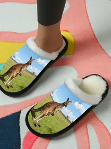 Australian Kangaroo Printed Cotton Slippers, Natural Wild Style, Fuzzy Lined Anti-Slip Thick Sole, Home Use Men Women Fall Winter Warm Shoes