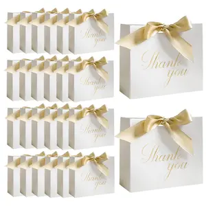 White Gift Bags, 4.9'x1.8'x4.7', Thank You Gift Bags with Handle and Ribbon For Birthdays, Baby Shower, Weddings, Party Favor, Holiday Presents, Ribbon Accent, Themed Gift Box