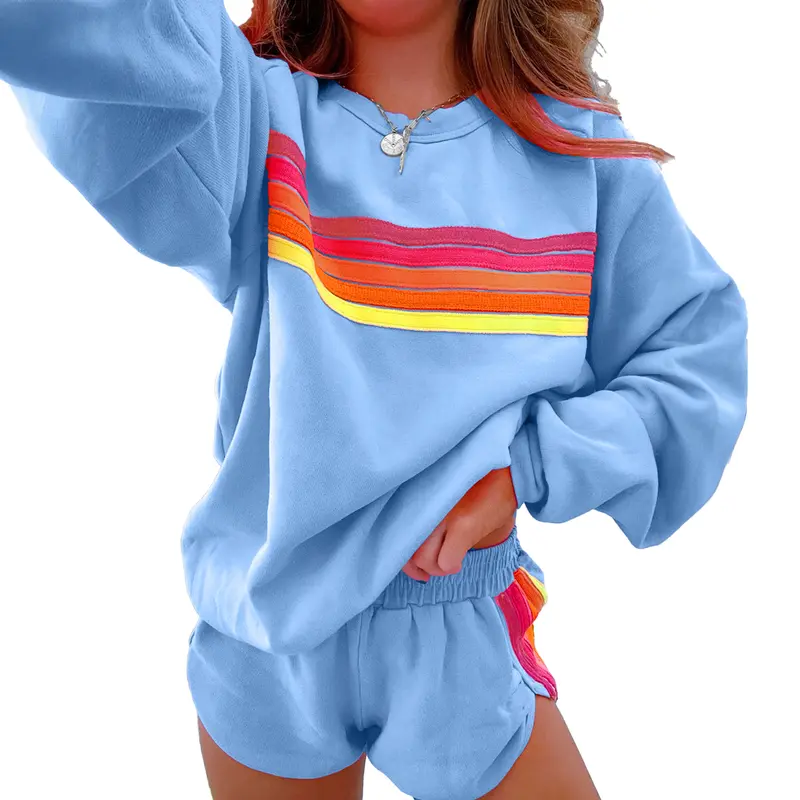 Mntaor Women's 2-Piece Comfy Striped Crew Neck Long Sleeve Pullover & Shorts Loose Fit Cotton Pajama Set, Family Matching Homewear with Polyester Accents for Game Day Winter Lounging