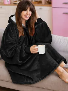 Winter Plush Blanket, Cozy Throw Blanket, Thick Warm Single-Color Grid Lazy Blanket, Casual Loose Hooded Drawstring Multi-Pocket Robe, Home Wear & Outdoor Use