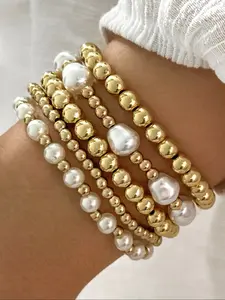 Elegant Baroque Faux Pearl Bracelet Set, 5-Piece Fashionable Beaded Design, Pearl Embellished, Perfect Gift for Women, Ideal for Parties & Daily Wear