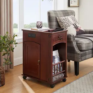 【GOOGREAT】Powered Traditional End Table with Charging Station, Narrow Side Table with USB Ports and Outlets, Nightstand with Storage, Bedside Tables with Wheels for Living Room, Bedroom,Red Walnut