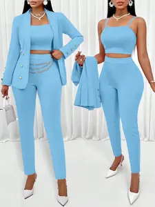 3pcs Women's Blazer Jacket, Camisole And Pants Set, Professional Workwear Outfit