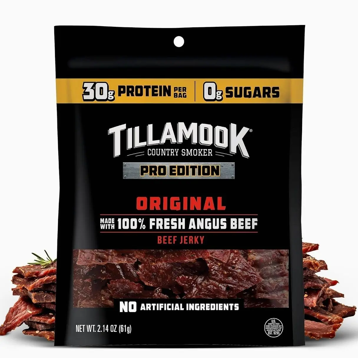 Tillamook Beef Jerky, Country Smoker PRO Edition, Zero Sugar, Original, 2.14 Oz, Real Hardwood Smoked Fresh Angus Beef, Low Carb, High Protein, Ready to Eat Keto Snack for Athletes, Gluten Free