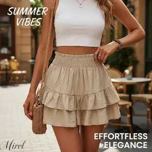 Women's Frill Trim Ruffle Hem Shirred High Waist Shorts, Boho Casual Tiered Layer Shorts for Spring & Summer, Ladies Bottoms for Daily Wear, Womenswear, Rara Skirts, Fit
