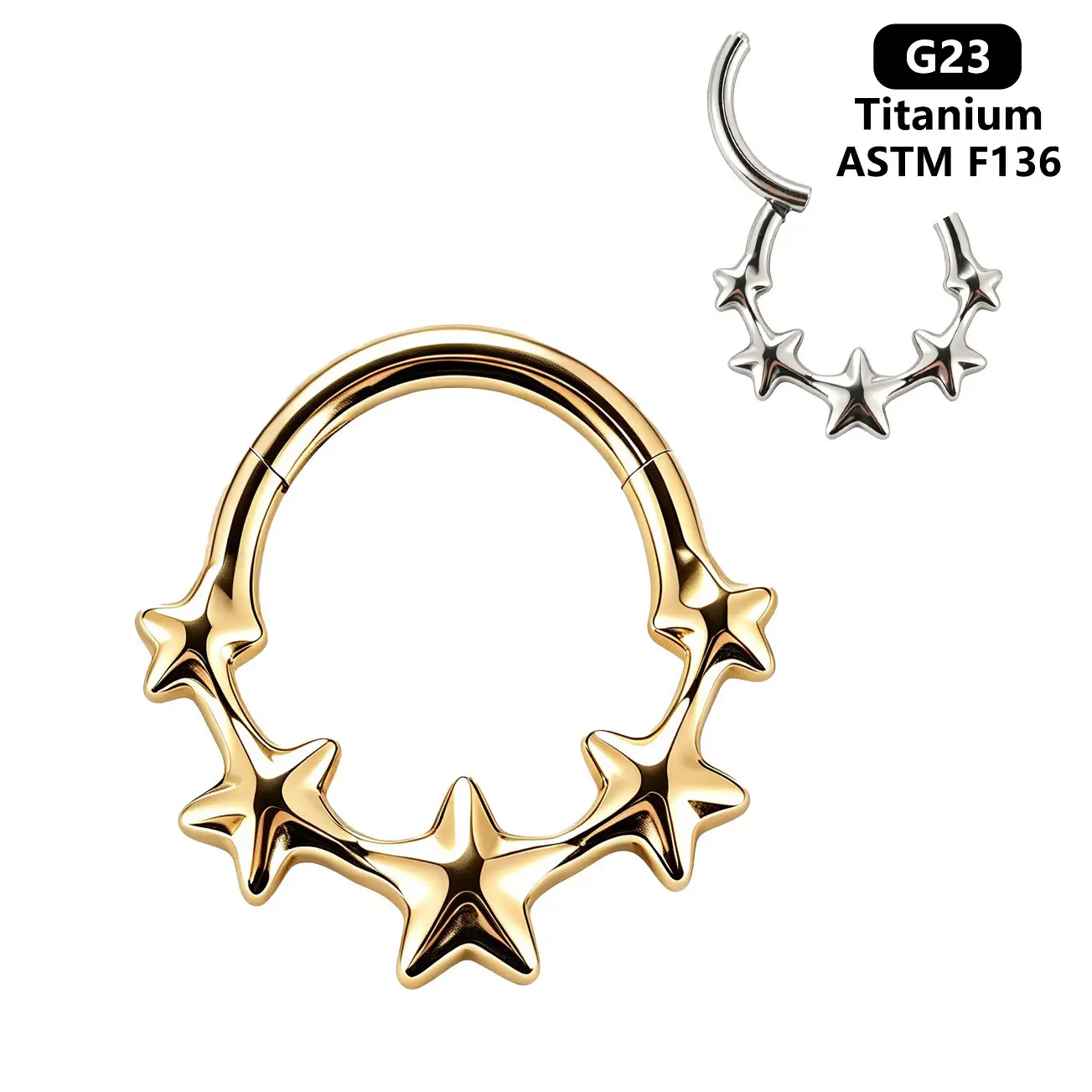 Titanium Hinged Segment Septum Ring, Septum Piercing Jewelry with Star Edgy Accent for Light Allday Wear