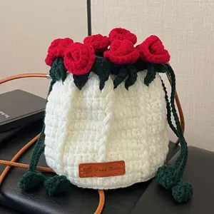 Never withering romantic rose shoulder bag knitting going out commuter bag wool crossbody bucket knitting bag decorative bag holiday gift