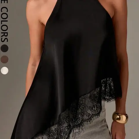 FEITAI Women's Chic Satin Halter Neck Sleeveless Blouse - Asymmetrical Hem, Lace Trim, Smooth Fabric, Classy Going Out Top, Dressy Tops, Night Out Clothes for Women, Fit for Daily & Evening Wear