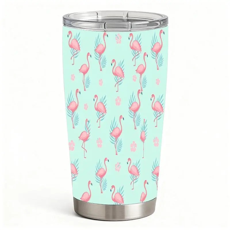 20oz Cylindrical Pink Flamingo Tropical Leaves Pattern Stainless Steel Tumbler - Heat Resistant, Leak-Proof, Double Wall Vacuum Insulated Versatile Drinkware Travel Mug with Lid for Adults, Commuting, Outdoor Activities