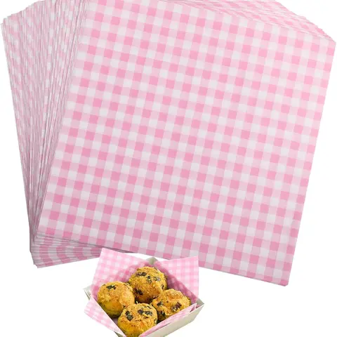 300Pcs 7x7 Inch Pink Waxed Deli Paper Sheets for Food Wrapping, Food Basket Liners for Sandwiches Burgers Treats Wrap Wax Papers Gingham