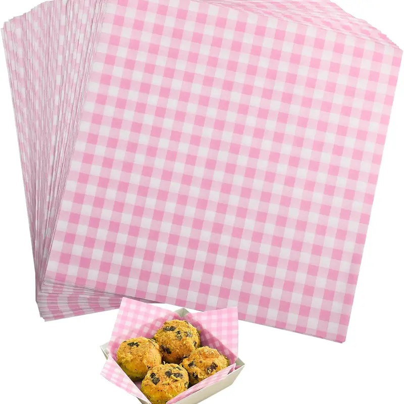 300Pcs 7x7 Inch Pink Waxed Deli Paper Sheets for Food Wrapping, Food Basket Liners for Sandwiches Burgers Treats Wrap Wax Papers Gingham