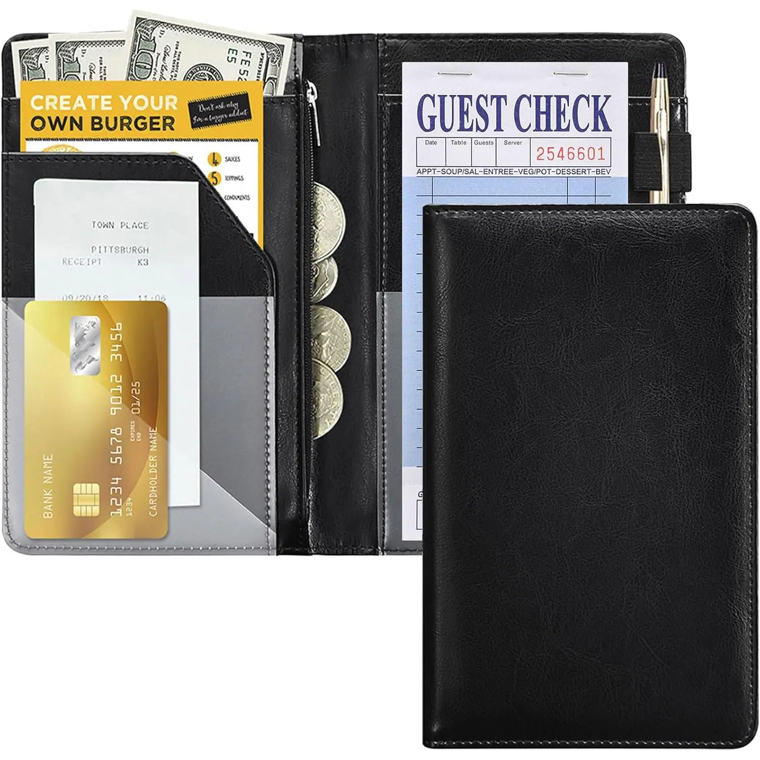 Black Server Books For Waitress/Waiter Book with Zipper  Pocket,Cute Waitress Books Organizer Accessories Fit Server Aprons Note Pads (Black)