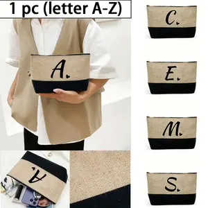 1pc Initials Printed Patchwork Women'S Handbag, Teacher'S Day Gift, Reusable Women's Large Capacity Travel Makeup Bag, Handheld Cosmetic Pouch, Portable Leisure Storage Bag, Makeup Organizer Pouch, Daily Use, Birthdays, Holidays, Vacation