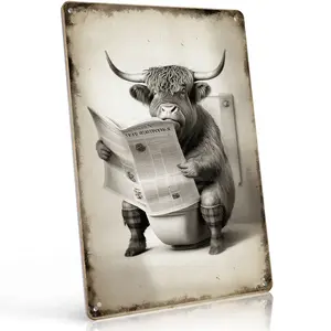 8x12 in Aluminum Highland Cow Animal Design Metal Sign - Whimsical Vintage Wall Art Decoration, Sepia-Toned Rustic Waterproof Artistic Print for Bathroom Cabin & Country Home Decor