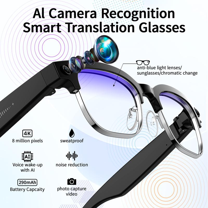 Smart AI Camera Glasses with 8MP Photochromic Lenses ,Button Touch Adjustment for Travel Outdoor Adventures Hands-Free Photography 160+Languages Real-Time Translation Bluetooth Wireless Wearable Video Recording UV Protection ,Black Friday & Cyber Monday