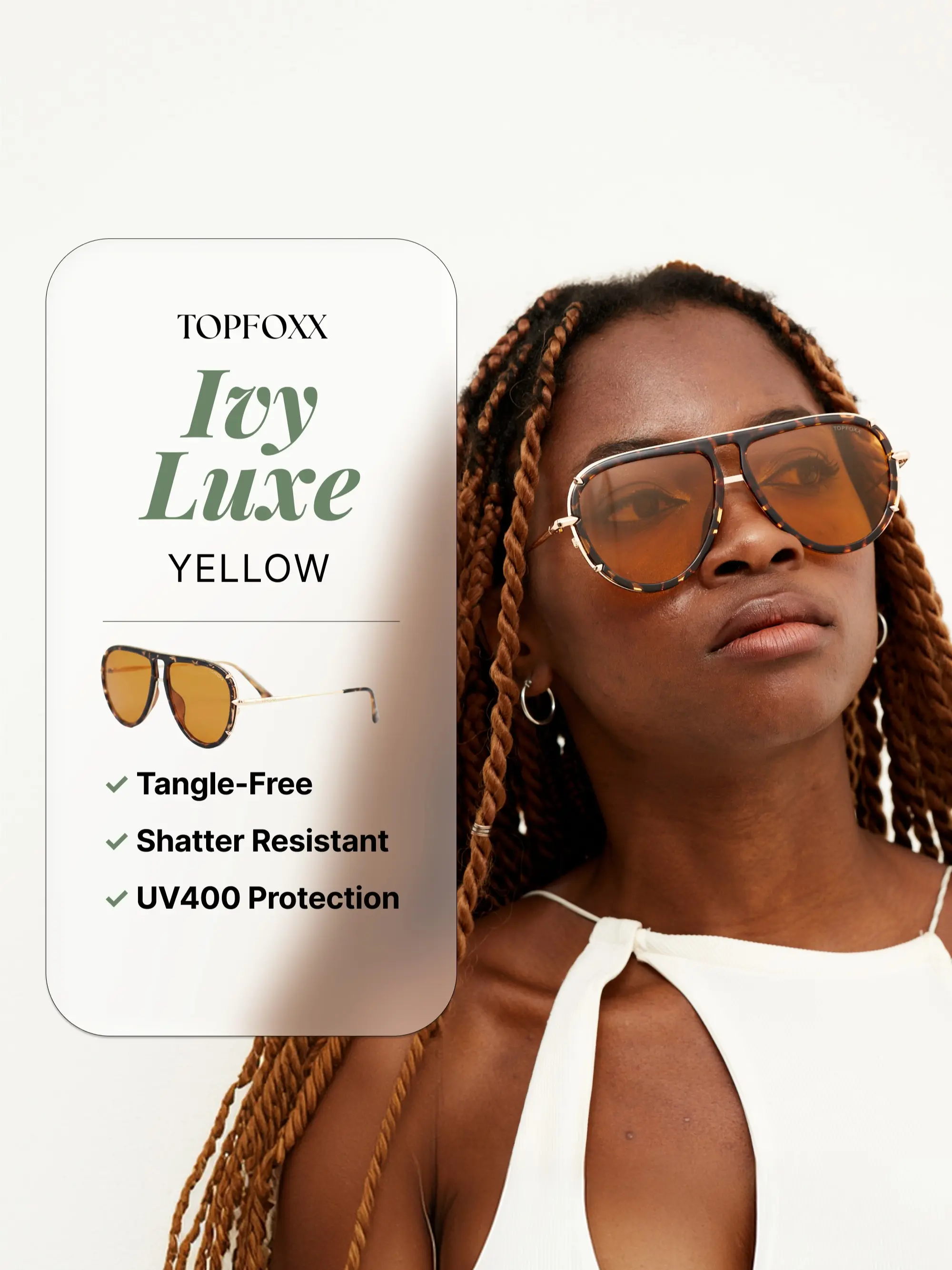 Topfoxx Ivy Luxe Tangle-Free Round Aviator Sunglasses - Yellow | Stylish Sunglasses with UV400 Protection & Certified Shatter-Resistant Lenses - Hand-Assembled Unisex Sunglasses for Women & Men - Unisex Fashion Eyewear for Everyday Outdoor Wear