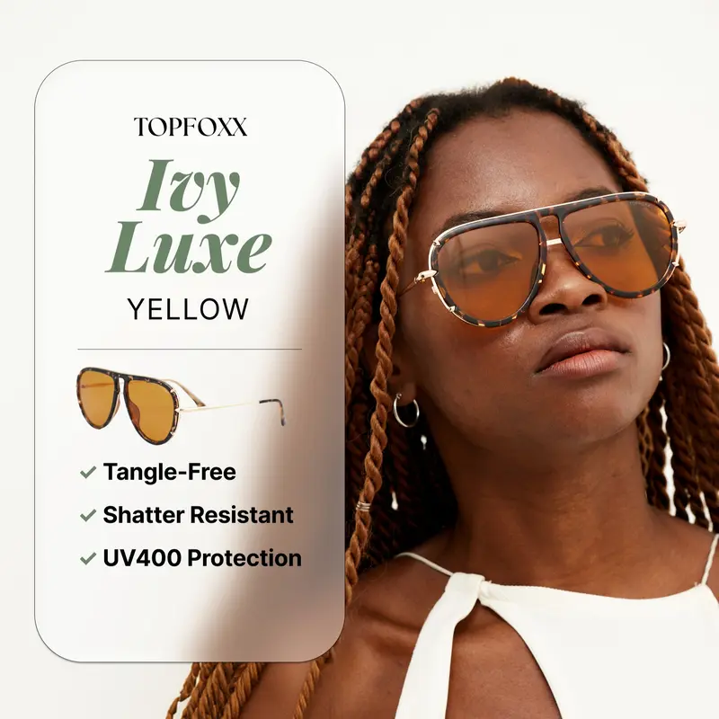 Topfoxx Ivy Luxe Yellow Tangle-Free Sunglasses | Fashionable Round Aviator Sunglasses with UV400 Protection & Certified Shatter-Resistant Lenses - Stylish Eyewear Shades for Men & Women - Outdoor Fashion Sun Glasses for Outdoor, Casual & Streetwear
