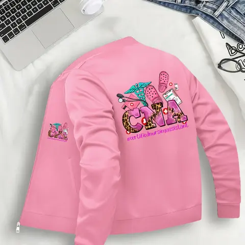 Women's Fashion Baseball Jacket Collared Zip Up Long Sleeve with Cna Certified Nursing Assistant Graphic, Casual Fitted Zipper Pocket Coat, Casual Fashionable Jacket, All Seasons Womenswear Chic Casual Outerwear S-Xxl