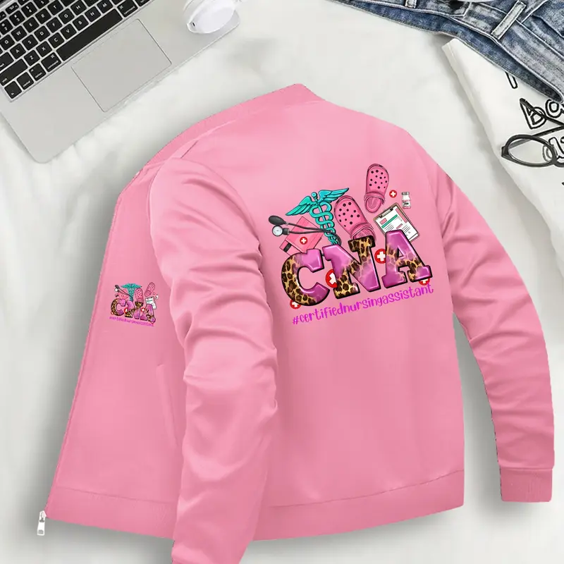 Women's Fashion Baseball Jacket Collared Zip Up Long Sleeve with Cna Certified Nursing Assistant Graphic, Casual Fitted Zipper Pocket Coat, Casual Fashionable Jacket, All Seasons Womenswear Chic Casual Outerwear S-Xxl