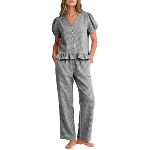 Womens Gingham 2 Piece Pajama Sets Cotton Plaid Puff Short Sleeve Ruffle Shirts Cute Lounge Pj Pants Sleepwear Outfits