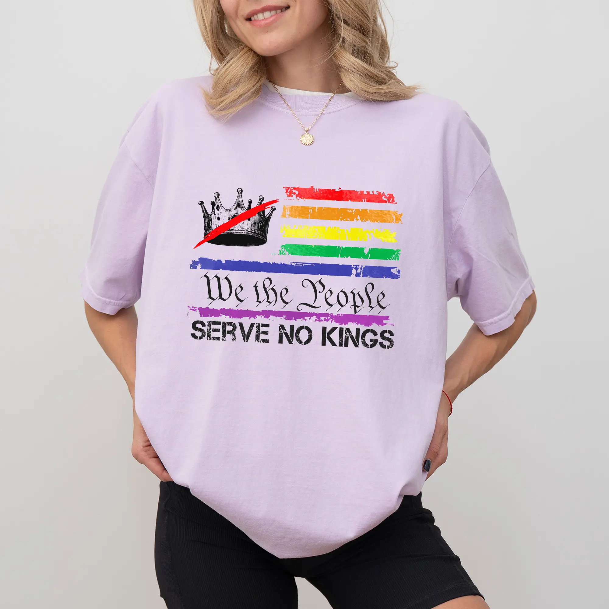 MAPTEES Women's Oversize Baggy Comfort Colors T-Shirt - Chic Casual Comfortable "We The People Serve No Kings" LGBT Activist Graphic Top for Pride Month Human Rights Advocates