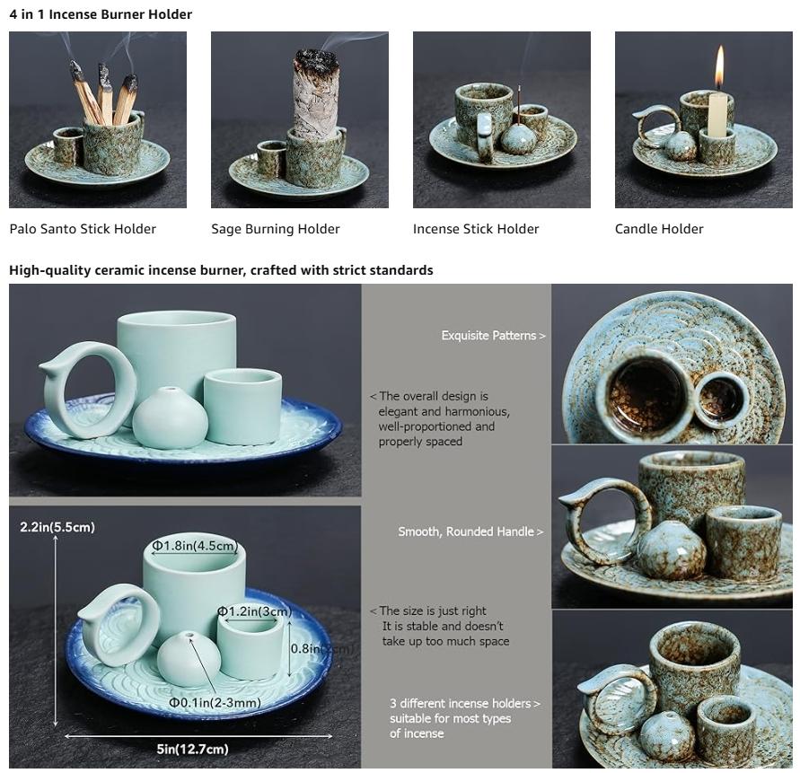 4 in 1 Ceramic Incense Burner Holder with Handle for Burning Sage, Palo Santo Stick, Joss Sticks, Candle in Your New House, Office, Yoga, Meditation Room