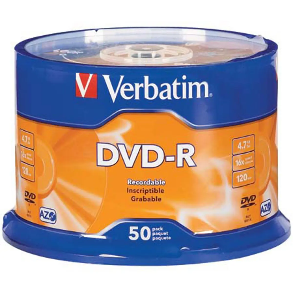 Verbatim DVD-R, 4.7 GB 16x Branded, Pack of 50 on Spindle