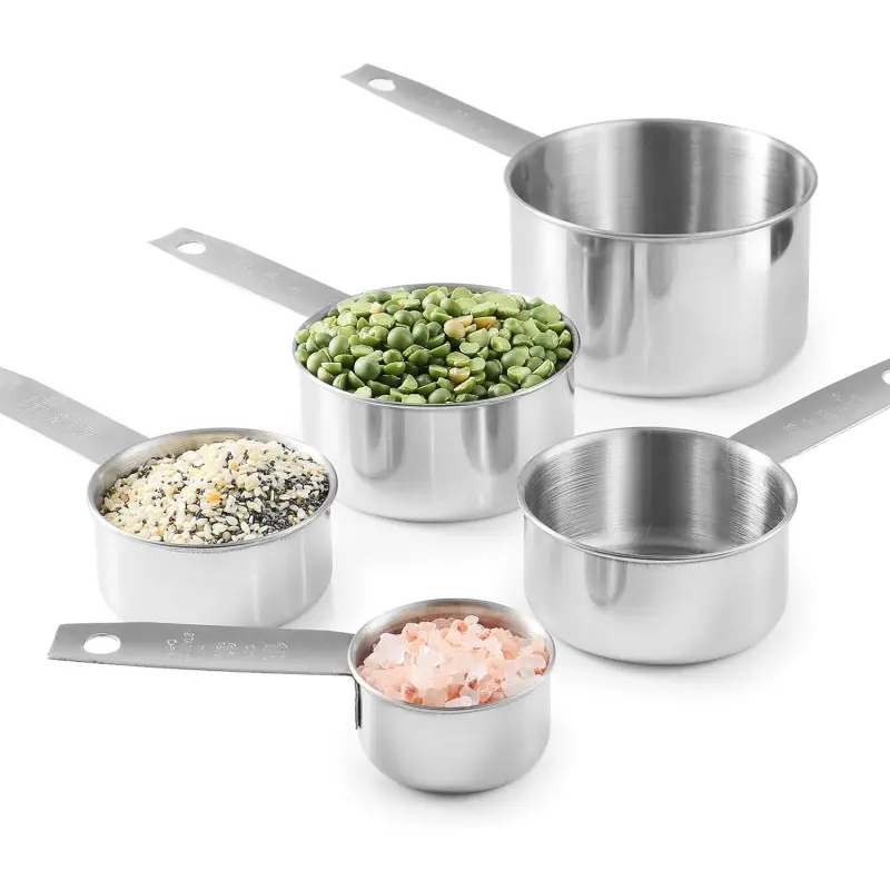 Stainless Steel Measuring Cups Set, 5-Piece, 1-Pack | Satin-brushed Steel, Engraved Metric and US Standard Markings, Elongated Handles, Nesting Ring Storage, and Dishwasher Safe