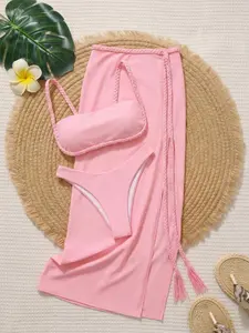 EDOLYNSA Pink wrapped bikini set swimwear Swimsuit Soft Cover-Up pretty Split skirt beach wear cozy Elastic waist sexy vacation outfit K276 Bandeau Bikini
