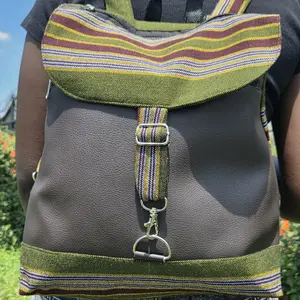 African Maasai Boutique Backpack with Striped Top and Brown Leather Base for Stylish Travel