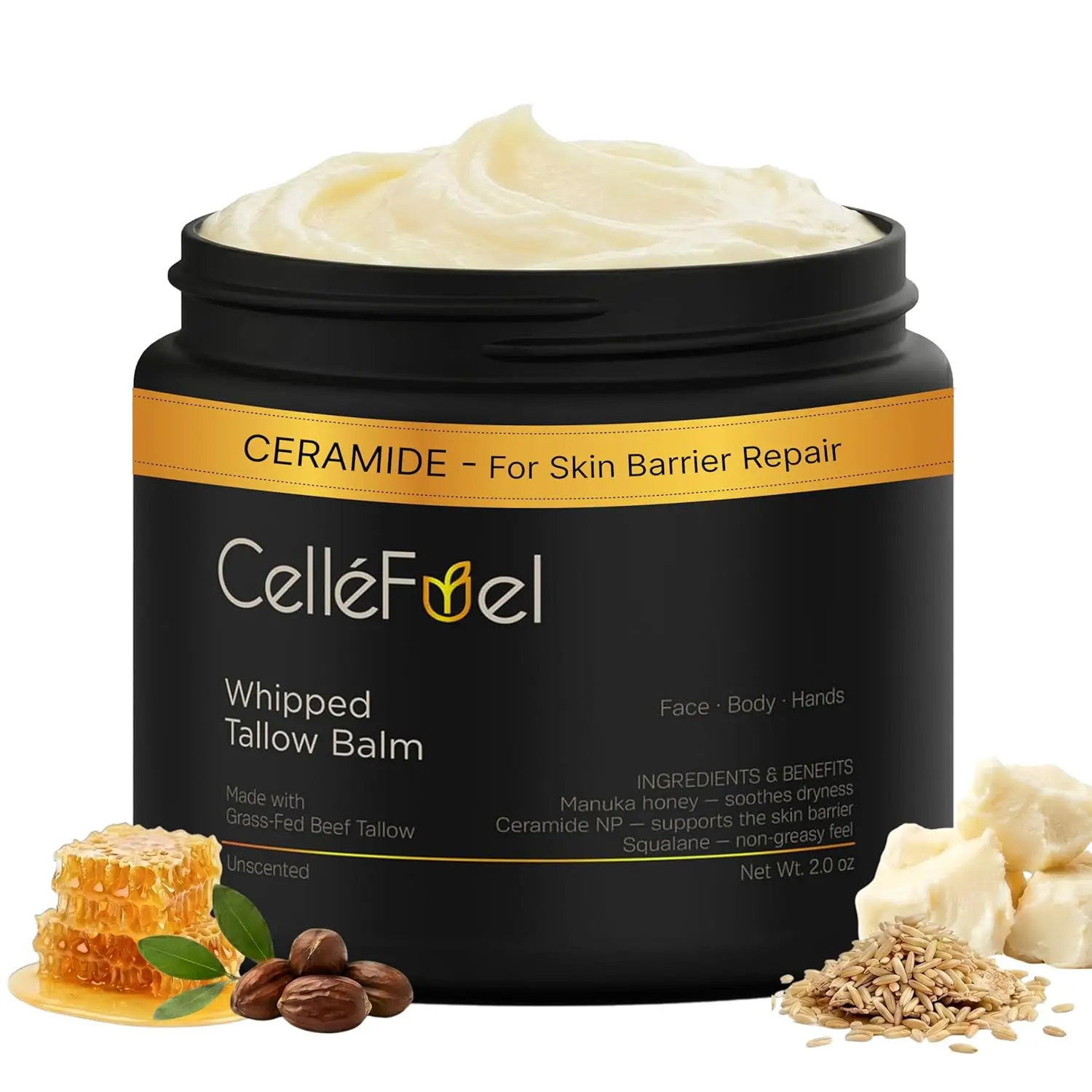 Whipped Tallow Balm for Face & Body, Ceramide NP & Squalane Barrier Cream with Grass-Fed Beef Tallow & Manuka Honey, Unscented Moisturizer for Dry, Sensitive & Eczema-Prone Skin (2 oz)