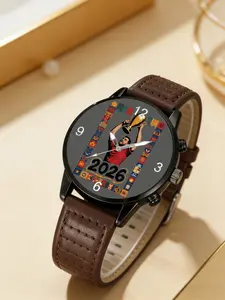 Trendy Football Theme Watch, Cartoon Dial, Casual Leather Strap, Quartz Movement, Perfect Gift for Daily Wear, Holidays, Father's Day