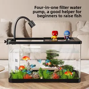 New Small-Sized Living Room Home Decor Landscape Ecological Fish Tank with Cover Transparent Desktop Tank for Fish & Turtles Four-in-One Filter Water Pump