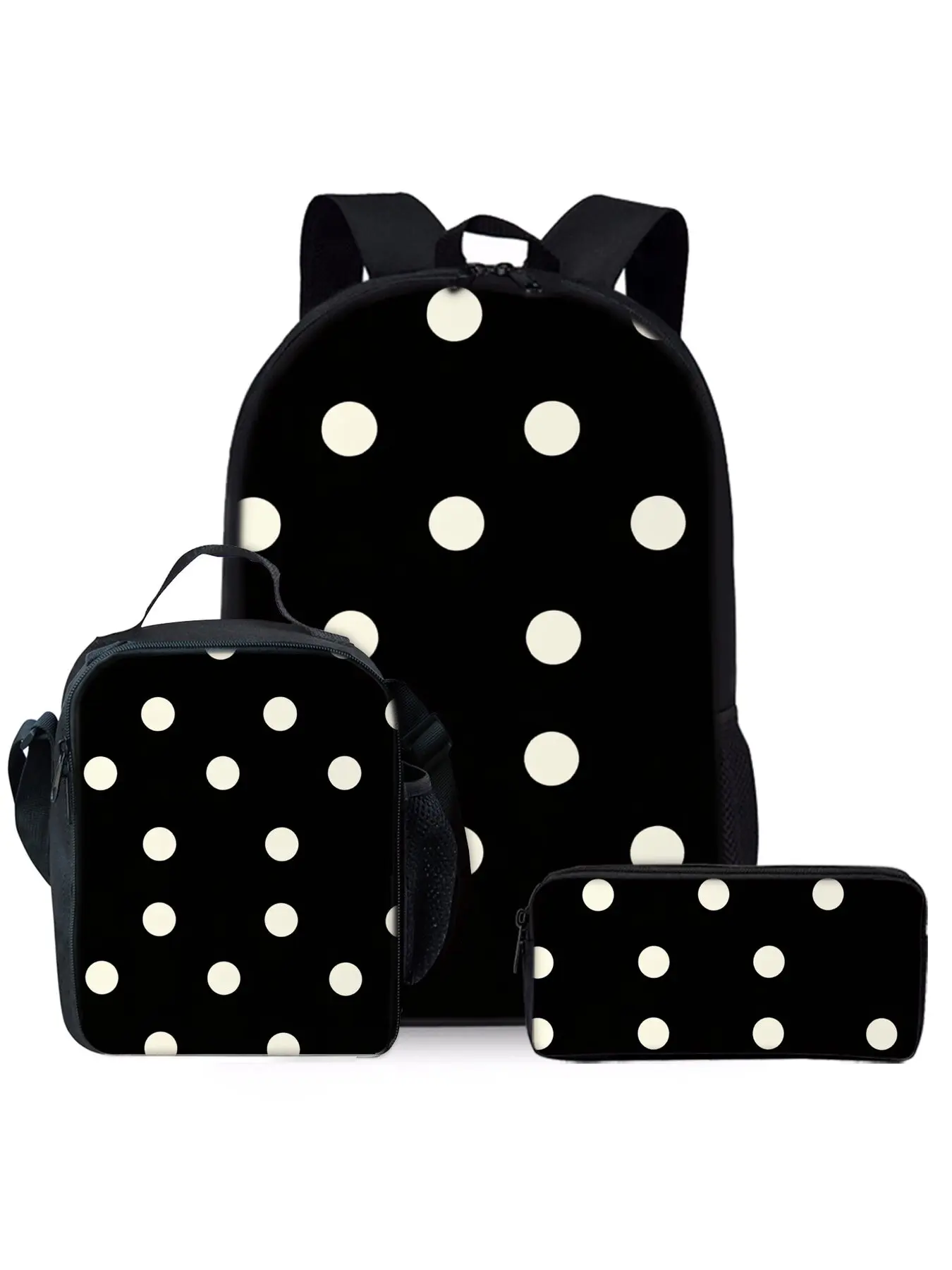 Polka dot printed backpack three piece set including lunch bag and pencil case