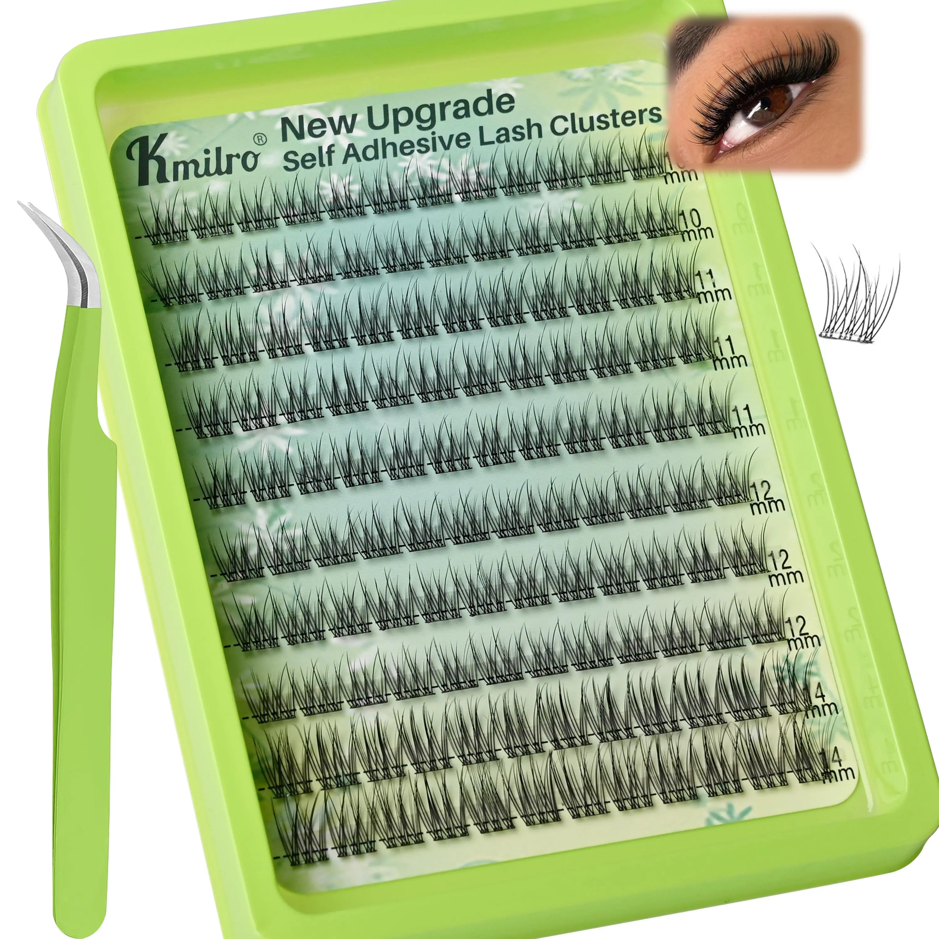 Kmilro Cosmetic Self-Adhesive Eyelash Clusters Kit, 10-14mm Wispy Reusable Pre-Glued Lashes (120Pcs) - No Glue Needed, Gentle Lightweight Makeup Eyelash Extensions with Tweezers