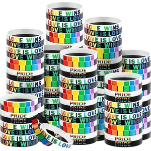 Karenhi 96 Pieces Pride Bracelets bulk LGBT Rainbow Silicone Wristbands Rubber Lesbian Gay Motivational Bracelets for Parades Festival