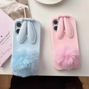 3D Cartoon Rabbit Ear Foldable Holder Silicone Phone Case For iPhone 17 16 15 14 13 Pro Max Plush Hairball Tail Shockproof Cover