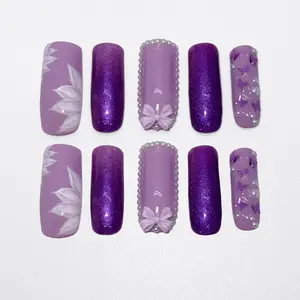 Presscription - Petals & Pearls - Long Square Press On Nails - Lavender with Floral and Bow Designs