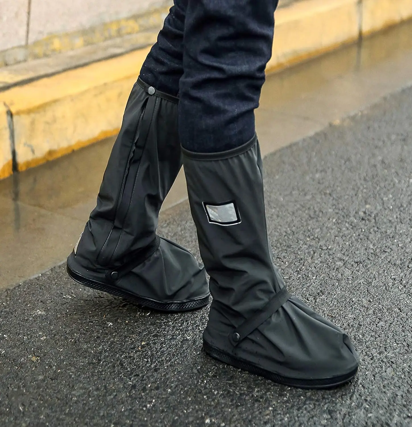 Elegant Reusable Waterproof Shoe Covers - High-Top Rain & Garden Boot Protectors, Anti-Slip Thick Sole with Reflective Safety Details, Premium Outdoor Care Supplies, Black (2XL)